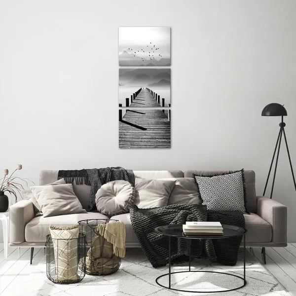 Multicolor_Black_and_White_Lake_Mountain_Wall_Art_Pier_with_Birds_Flying_Pictures_Prints_Vertical_Calm_Wharf_Landscape_Canvas_Painting_|_For_Aisle_Corridor_Office_Bedroom_Home_Decor_12x16inchx3pcs