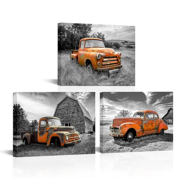 Multicolor_3_Pieces_Rusty_Car_Wall_Art_Country_Style_Old_Truck_Pictures_Print_Vintage_Black_and_White_Barn_Artwork_Framed_Automobile_in_Field_Poster_|_For_Farmhouse_Modern_Home_Decor_12x16inchx3pcs