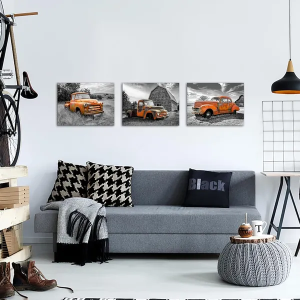 Multicolor_3_Pieces_Rusty_Car_Wall_Art_Country_Style_Old_Truck_Pictures_Print_Vintage_Black_and_White_Barn_Artwork_Framed_Automobile_in_Field_Poster_|_For_Farmhouse_Modern_Home_Decor_12x16inchx3pcs