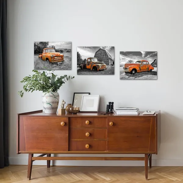 Multicolor_3_Pieces_Rusty_Car_Wall_Art_Country_Style_Old_Truck_Pictures_Print_Vintage_Black_and_White_Barn_Artwork_Framed_Automobile_in_Field_Poster_|_For_Farmhouse_Modern_Home_Decor_12x16inchx3pcs
