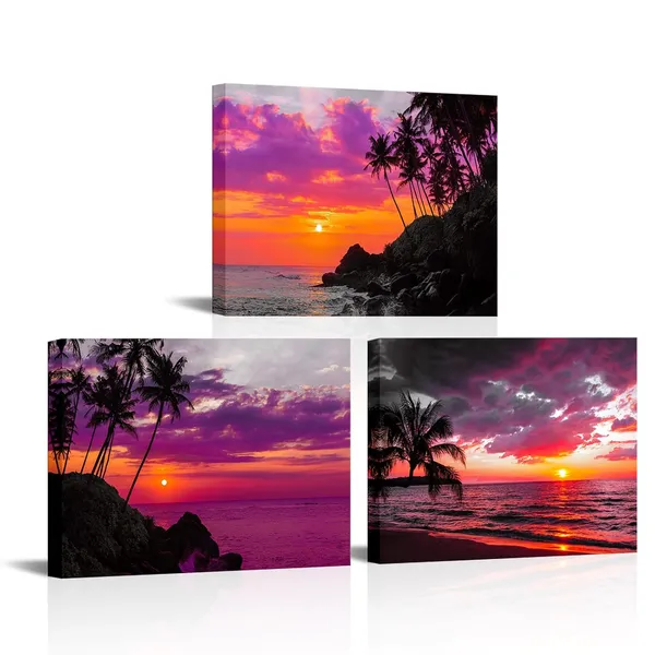 Multicolor_3_Piece_Wall_Art_Purple_Sunset_Ocean_Beach_with_Tropical_Coconut_tree_Prints_on_Canvas_Beautiful_Nature_Seascape_Artwork_Framed_|_For_Office_Home_Decor_Living_Room_Decoration_12x16inchx3pcs