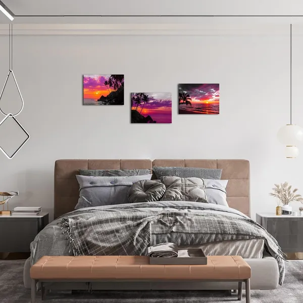 Multicolor_3_Piece_Wall_Art_Purple_Sunset_Ocean_Beach_with_Tropical_Coconut_tree_Prints_on_Canvas_Beautiful_Nature_Seascape_Artwork_Framed_|_For_Office_Home_Decor_Living_Room_Decoration_12x16inchx3pcs