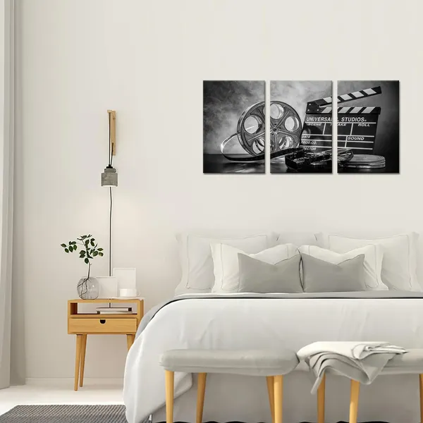 Multicolor_3_Piece_Black_and_White_Canvas_Wall_Painting_Movie_Clapper_Board_Poster_Print_Filmmaking_Pictures_Vintage_Home_Movie_Theater_Media_Room_Bar_Pub_House_Decoration_Easy_to_Hang_16"x_24"x3_PCS