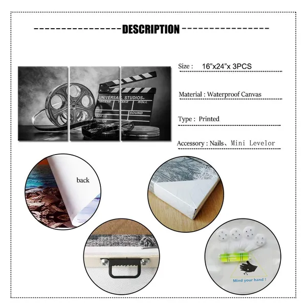 Multicolor_3_Piece_Black_and_White_Canvas_Wall_Painting_Movie_Clapper_Board_Poster_Print_Filmmaking_Pictures_Vintage_Home_Movie_Theater_Media_Room_Bar_Pub_House_Decoration_Easy_to_Hang_16"x_24"x3_PCS