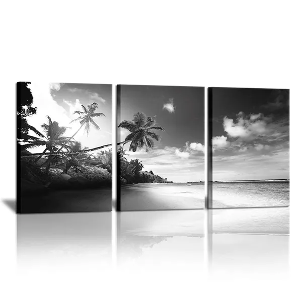 Multicolor_3_Panels_Canvas_Wall_Art_Black_and_White_Beach_Pictures_Hawaii_Troical_Palm_Tree_Artork_Giclee_Prints_|_For_Bathroom_Bedroom_Office_Wall_Decoration_Framed_Ready_to_Hang_12"x16"x3pcs