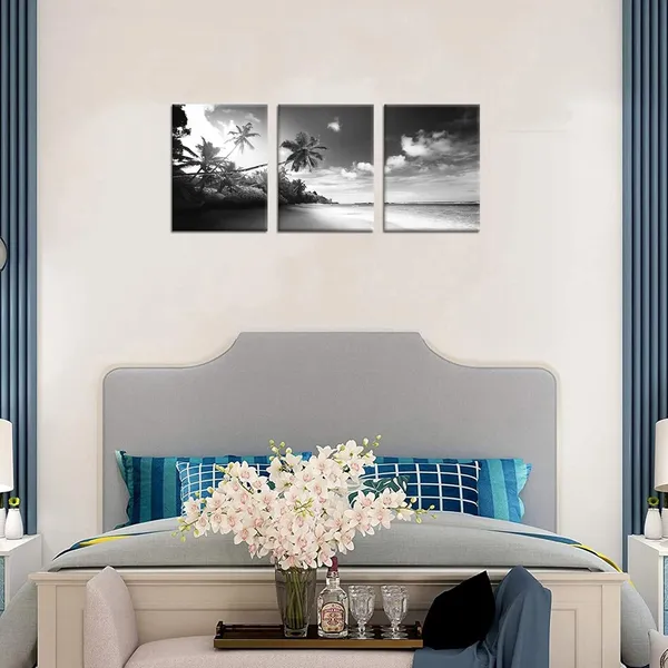 Multicolor_3_Panels_Canvas_Wall_Art_Black_and_White_Beach_Pictures_Hawaii_Troical_Palm_Tree_Artork_Giclee_Prints_|_For_Bathroom_Bedroom_Office_Wall_Decoration_Framed_Ready_to_Hang_12"x16"x3pcs