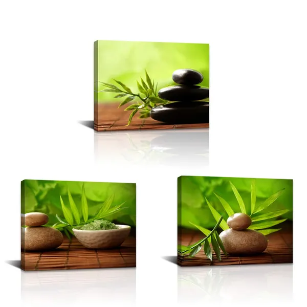 Multicolor_3_Panels_Zen_Canvas_Wall_Art_Still_Life_SPA_Stone_Green_Bamboo_Leaves_Pictures_Painting_Prints_|_For_Bathroom_Office_Kitchen_Salon_Wall_Decor_Stretched_and_Framed_Ready_to_Hang_12"x16"x3pcs