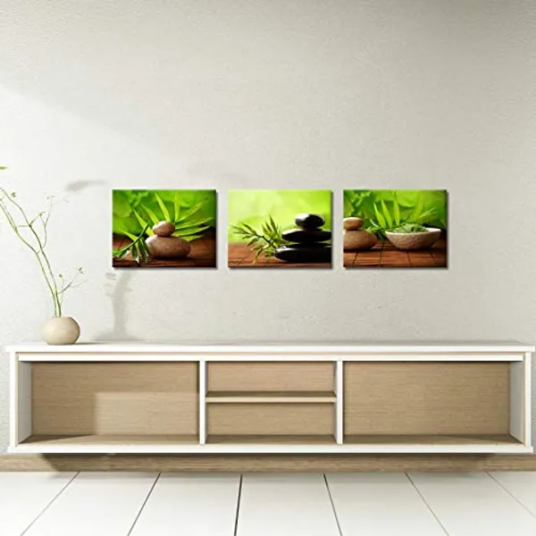 Multicolor_3_Panels_Zen_Canvas_Wall_Art_Still_Life_SPA_Stone_Green_Bamboo_Leaves_Pictures_Painting_Prints_|_For_Bathroom_Office_Kitchen_Salon_Wall_Decor_Stretched_and_Framed_Ready_to_Hang_12"x16"x3pcs