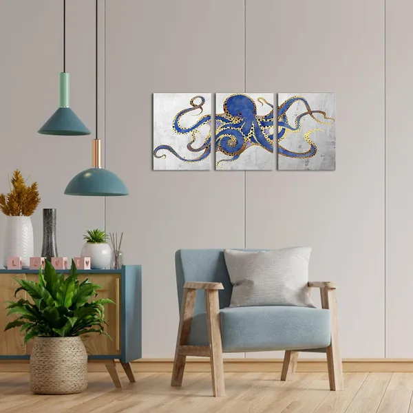 Multicolor_3_Piece_Octopus_Wall_Art_Painting_Navy_Blue_Marine_Animal_Picture_Print_On_Canvas_Ocean_Life_Poster_|_For_Bathroom_Bedroom_Home_Decor_Decoration_Gift_Easy_to_Hang_12"x16"x3PCS