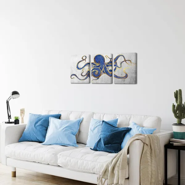 Multicolor_3_Piece_Octopus_Wall_Art_Painting_Navy_Blue_Marine_Animal_Picture_Print_On_Canvas_Ocean_Life_Poster_|_For_Bathroom_Bedroom_Home_Decor_Decoration_Gift_Easy_to_Hang_12"x16"x3PCS