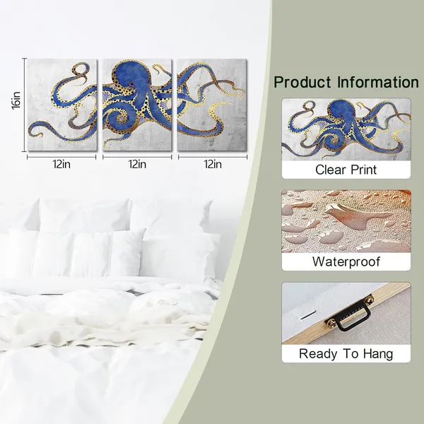 Multicolor_3_Piece_Octopus_Wall_Art_Painting_Navy_Blue_Marine_Animal_Picture_Print_On_Canvas_Ocean_Life_Poster_|_For_Bathroom_Bedroom_Home_Decor_Decoration_Gift_Easy_to_Hang_12"x16"x3PCS