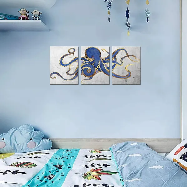 Multicolor_3_Piece_Octopus_Wall_Art_Painting_Navy_Blue_Marine_Animal_Picture_Print_On_Canvas_Ocean_Life_Poster_|_For_Bathroom_Bedroom_Home_Decor_Decoration_Gift_Easy_to_Hang_12"x16"x3PCS