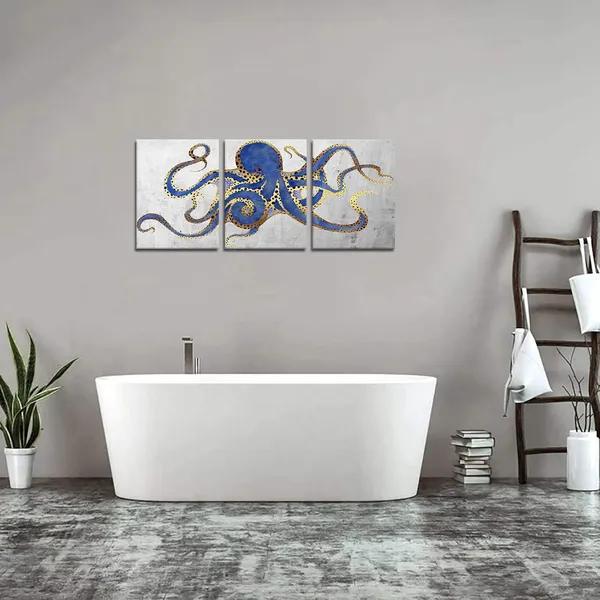Multicolor_3_Piece_Octopus_Wall_Art_Painting_Navy_Blue_Marine_Animal_Picture_Print_On_Canvas_Ocean_Life_Poster_|_For_Bathroom_Bedroom_Home_Decor_Decoration_Gift_Easy_to_Hang_12"x16"x3PCS