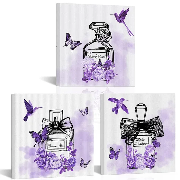 Multicolor_3_Piece_Fashion_Canvas_Wall_Art_Purple_Flower_Perfume_Painting_Print_Women_Bedroom_Decor_Makeup_Picture_Art_Modern_Girls_Room_Dress_Up_Room_Wall_Decoration_Framed_Ready_to_Hang