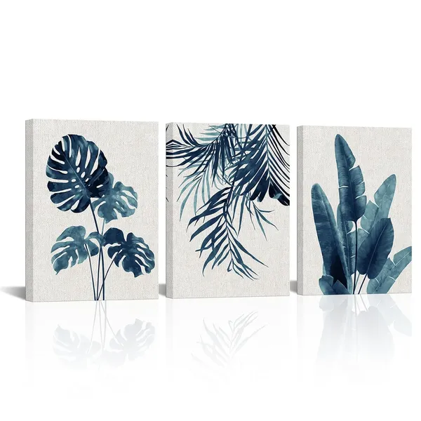Multicolor_3_Piece_Blue_Tropical_Leaves_Wall_Art_Abstract_Botanical_Floral_Painting_Prints_Leaf_Plant_Picture_Nature_Wilderness_Wall_Decor_|_For_Living_Room_Bedroom_Ready_to_Hang