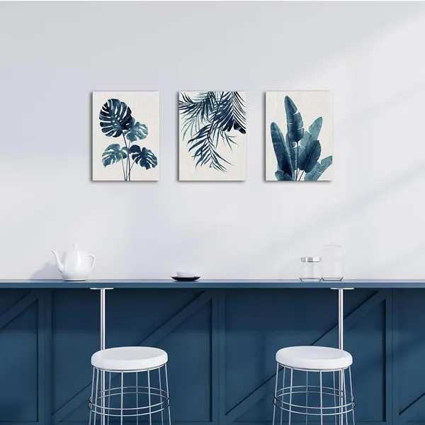 Multicolor_3_Piece_Blue_Tropical_Leaves_Wall_Art_Abstract_Botanical_Floral_Painting_Prints_Leaf_Plant_Picture_Nature_Wilderness_Wall_Decor_|_For_Living_Room_Bedroom_Ready_to_Hang