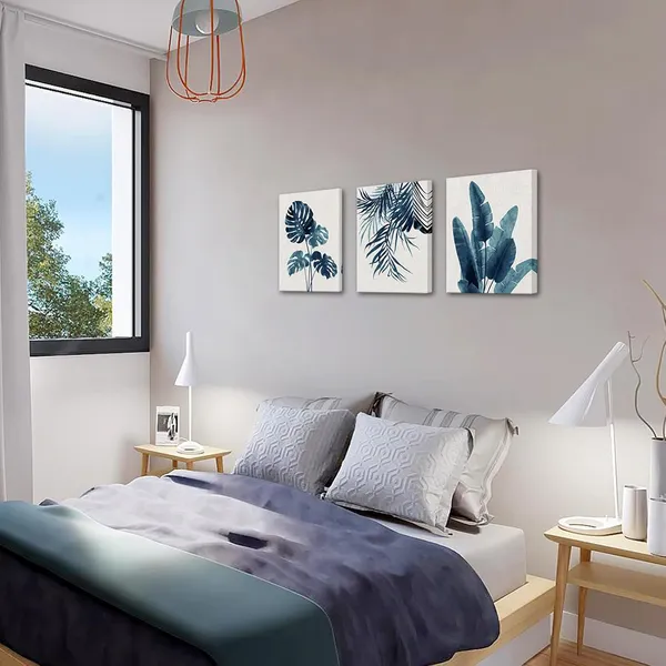 Multicolor_3_Piece_Blue_Tropical_Leaves_Wall_Art_Abstract_Botanical_Floral_Painting_Prints_Leaf_Plant_Picture_Nature_Wilderness_Wall_Decor_|_For_Living_Room_Bedroom_Ready_to_Hang