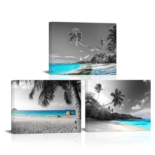 Multicolor_3_Panels_Teal_Blue_Canvas_Wall_Art_Black_White_Hawaii_Beach_Pictures_Tropical_Palm_Tree_Artwork_Prints_|_For_Home_Office_Bathroom_Wall_Decoration_Framed_Ready_to_Hang_Seascape_Painting