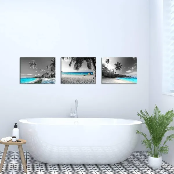Multicolor_3_Panels_Teal_Blue_Canvas_Wall_Art_Black_White_Hawaii_Beach_Pictures_Tropical_Palm_Tree_Artwork_Prints_|_For_Home_Office_Bathroom_Wall_Decoration_Framed_Ready_to_Hang_Seascape_Painting