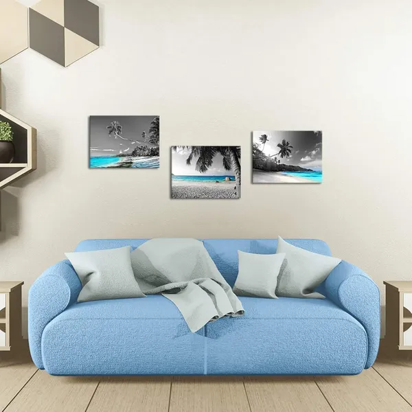Multicolor_3_Panels_Teal_Blue_Canvas_Wall_Art_Black_White_Hawaii_Beach_Pictures_Tropical_Palm_Tree_Artwork_Prints_|_For_Home_Office_Bathroom_Wall_Decoration_Framed_Ready_to_Hang_Seascape_Painting