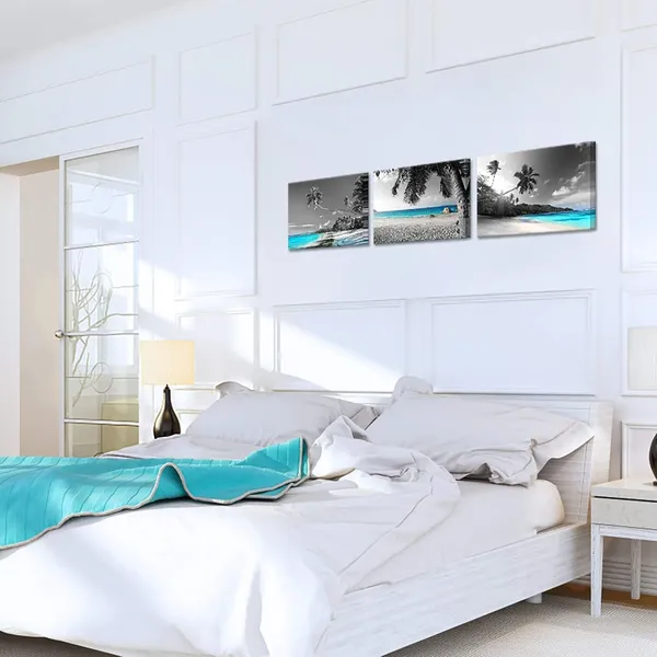 Multicolor_3_Panels_Teal_Blue_Canvas_Wall_Art_Black_White_Hawaii_Beach_Pictures_Tropical_Palm_Tree_Artwork_Prints_|_For_Home_Office_Bathroom_Wall_Decoration_Framed_Ready_to_Hang_Seascape_Painting