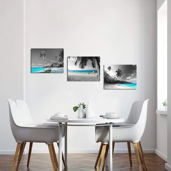 Multicolor_3_Panels_Teal_Blue_Canvas_Wall_Art_Black_White_Hawaii_Beach_Pictures_Tropical_Palm_Tree_Artwork_Prints_|_For_Home_Office_Bathroom_Wall_Decoration_Framed_Ready_to_Hang_Seascape_Painting