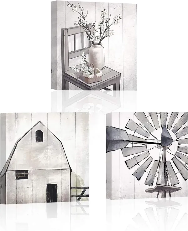 Multicolor_3_Piece_Rustic_Landscape_Canvas_Wall_Artwork_Farmhouse_Painting_Windmill_Picture_Modern_Wall_Art_Print_|_For_Bedroom_Bathroom_Living_Room_Dining_Room_Wall_Decor_12"x12"x3_PCS