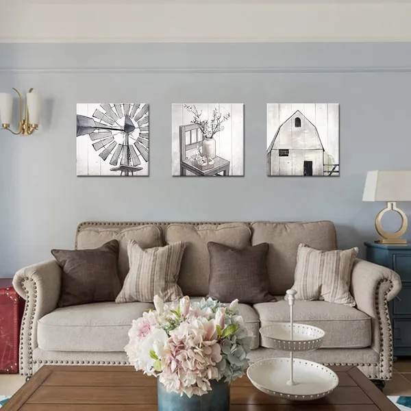 Multicolor_3_Piece_Rustic_Landscape_Canvas_Wall_Artwork_Farmhouse_Painting_Windmill_Picture_Modern_Wall_Art_Print_|_For_Bedroom_Bathroom_Living_Room_Dining_Room_Wall_Decor_12"x12"x3_PCS
