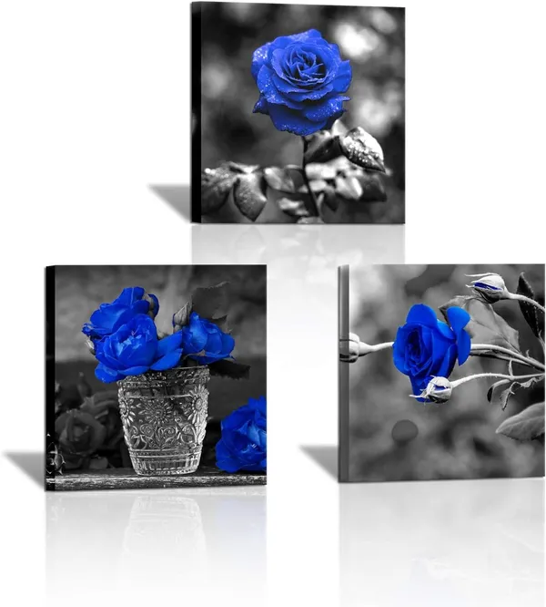 Multicolor_3_Panels_Blue_Rose_Canvas_Wall_Art_Black_and_White_Flowers_Painting_Royal_Blue_Floral_Picture_Ready_to_Hang_|_For_Bathroom_Bedroom_Kitchen_Wall_Decor_12"x16"x3PCS