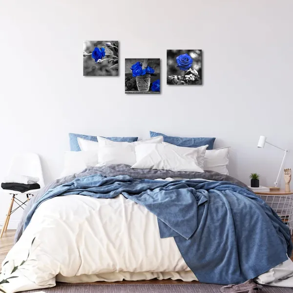 Multicolor_3_Panels_Blue_Rose_Canvas_Wall_Art_Black_and_White_Flowers_Painting_Royal_Blue_Floral_Picture_Ready_to_Hang_|_For_Bathroom_Bedroom_Kitchen_Wall_Decor_12"x16"x3PCS