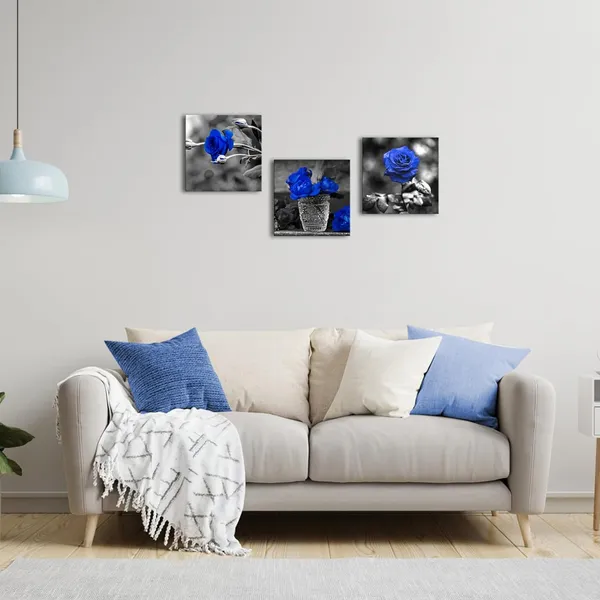 Multicolor_3_Panels_Blue_Rose_Canvas_Wall_Art_Black_and_White_Flowers_Painting_Royal_Blue_Floral_Picture_Ready_to_Hang_|_For_Bathroom_Bedroom_Kitchen_Wall_Decor_12"x16"x3PCS