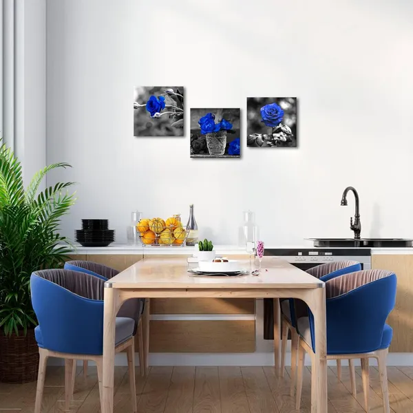 Multicolor_3_Panels_Blue_Rose_Canvas_Wall_Art_Black_and_White_Flowers_Painting_Royal_Blue_Floral_Picture_Ready_to_Hang_|_For_Bathroom_Bedroom_Kitchen_Wall_Decor_12"x16"x3PCS