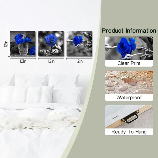 Multicolor_3_Panels_Blue_Rose_Canvas_Wall_Art_Black_and_White_Flowers_Painting_Royal_Blue_Floral_Picture_Ready_to_Hang_|_For_Bathroom_Bedroom_Kitchen_Wall_Decor_12"x16"x3PCS