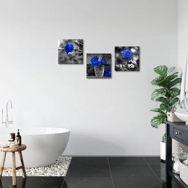 Multicolor_3_Panels_Blue_Rose_Canvas_Wall_Art_Black_and_White_Flowers_Painting_Royal_Blue_Floral_Picture_Ready_to_Hang_|_For_Bathroom_Bedroom_Kitchen_Wall_Decor_12"x16"x3PCS