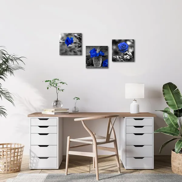 Multicolor_3_Panels_Blue_Rose_Canvas_Wall_Art_Black_and_White_Flowers_Painting_Royal_Blue_Floral_Picture_Ready_to_Hang_|_For_Bathroom_Bedroom_Kitchen_Wall_Decor_12"x16"x3PCS