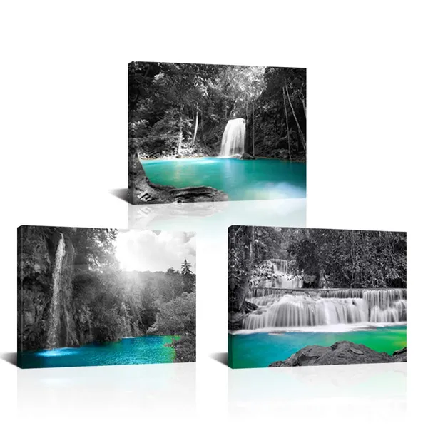 Multicolor_3_PC_Black_and_White_Teal_Canvas_Wall_Art_|_Forest_Waterfall_Pictures_Painting_Beautiful_Mountain_Scenery_Artwork_Stretched_and_Framed_Ready_to_Hang_Modern_Bathroom_Bedroom_Decoration_12"x16"x3pcs