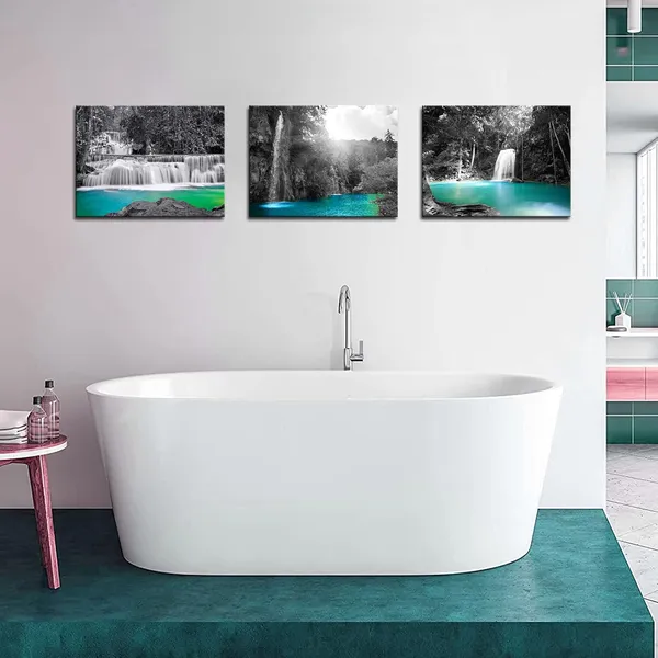 Multicolor_3_PC_Black_and_White_Teal_Canvas_Wall_Art_|_Forest_Waterfall_Pictures_Painting_Beautiful_Mountain_Scenery_Artwork_Stretched_and_Framed_Ready_to_Hang_Modern_Bathroom_Bedroom_Decoration_12"x16"x3pcs