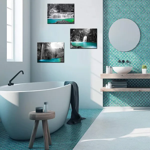 Multicolor_3_PC_Black_and_White_Teal_Canvas_Wall_Art_|_Forest_Waterfall_Pictures_Painting_Beautiful_Mountain_Scenery_Artwork_Stretched_and_Framed_Ready_to_Hang_Modern_Bathroom_Bedroom_Decoration_12"x16"x3pcs