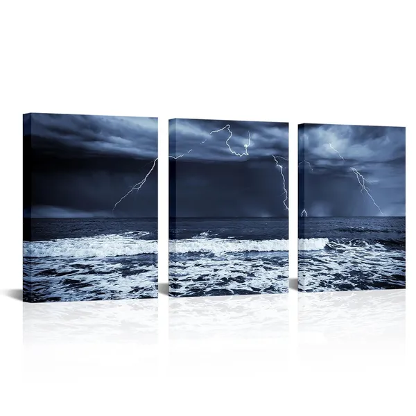 Multicolor_3_Panels_Canvas_Print_Wall_Art_Sea_Picture_Ocean_Wave_Seascape_Painting_Nature_Lightning_Artwork_Prints_Stretched_Home_Living_Room_Office_Decoration_Dark_Blue