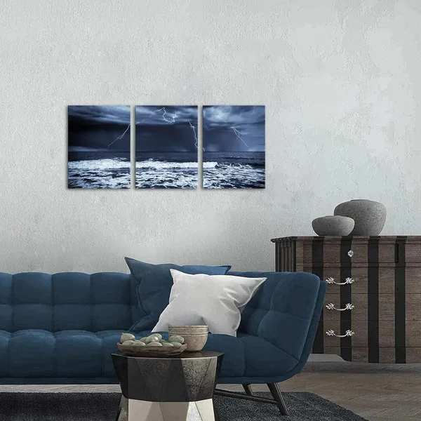 Multicolor_3_Panels_Canvas_Print_Wall_Art_Sea_Picture_Ocean_Wave_Seascape_Painting_Nature_Lightning_Artwork_Prints_Stretched_Home_Living_Room_Office_Decoration_Dark_Blue