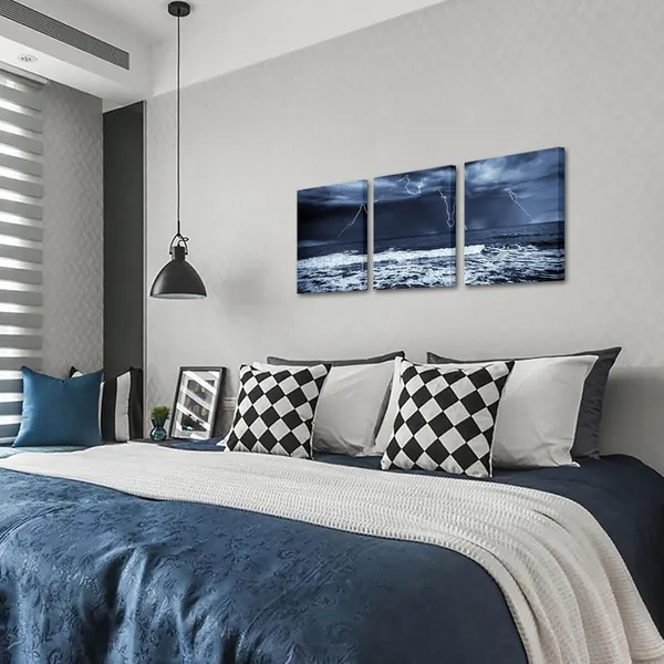 Multicolor_3_Panels_Canvas_Print_Wall_Art_Sea_Picture_Ocean_Wave_Seascape_Painting_Nature_Lightning_Artwork_Prints_Stretched_Home_Living_Room_Office_Decoration_Dark_Blue