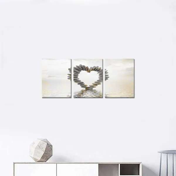 Multicolor_3_Piece_Romantic_Love_Theme_Bathroom_Canvas_Prints_Modern_Stone_Heart_Sharp_in_The_River_Pictures_Artwork_Grey_White_Gold_Wall_Art_Paintings_|_For_Bedroom_Wall_Decorations_Gift_12"x16"x3PCS