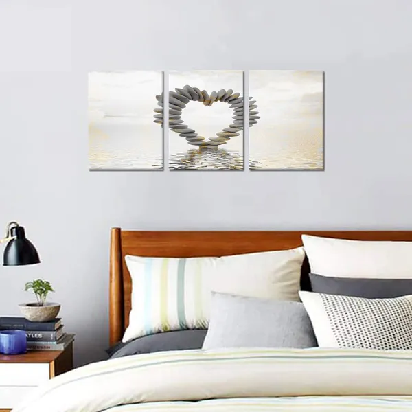 Multicolor_3_Piece_Romantic_Love_Theme_Bathroom_Canvas_Prints_Modern_Stone_Heart_Sharp_in_The_River_Pictures_Artwork_Grey_White_Gold_Wall_Art_Paintings_|_For_Bedroom_Wall_Decorations_Gift_12"x16"x3PCS