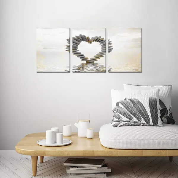 Multicolor_3_Piece_Romantic_Love_Theme_Bathroom_Canvas_Prints_Modern_Stone_Heart_Sharp_in_The_River_Pictures_Artwork_Grey_White_Gold_Wall_Art_Paintings_|_For_Bedroom_Wall_Decorations_Gift_12"x16"x3PCS