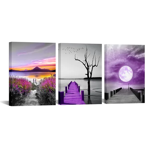 Multicolor_3_Piece_Wall_Art_Black_and_White_Ocean_Bridge_Canvas_Picture_Purple_Moon_Landscape_Poster_Photo_Painting_Nature_Artwork_Home_Living_Room_Bathroom_Artwork_Decor_Gallery_Wrapped