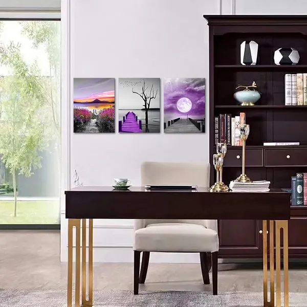 Multicolor_3_Piece_Wall_Art_Black_and_White_Ocean_Bridge_Canvas_Picture_Purple_Moon_Landscape_Poster_Photo_Painting_Nature_Artwork_Home_Living_Room_Bathroom_Artwork_Decor_Gallery_Wrapped