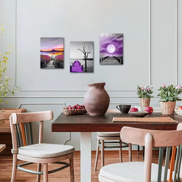 Multicolor_3_Piece_Wall_Art_Black_and_White_Ocean_Bridge_Canvas_Picture_Purple_Moon_Landscape_Poster_Photo_Painting_Nature_Artwork_Home_Living_Room_Bathroom_Artwork_Decor_Gallery_Wrapped