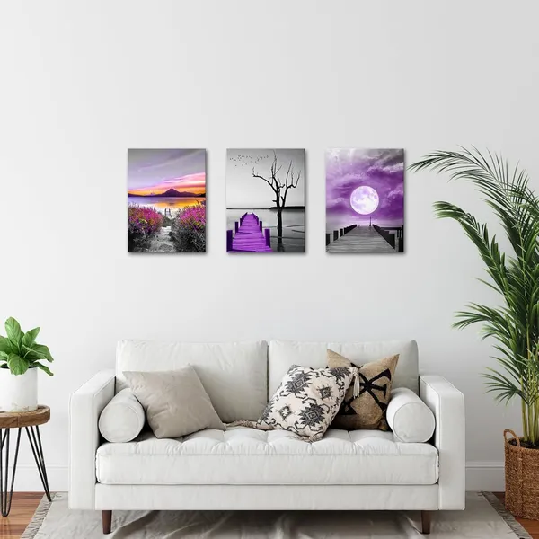 Multicolor_3_Piece_Wall_Art_Black_and_White_Ocean_Bridge_Canvas_Picture_Purple_Moon_Landscape_Poster_Photo_Painting_Nature_Artwork_Home_Living_Room_Bathroom_Artwork_Decor_Gallery_Wrapped