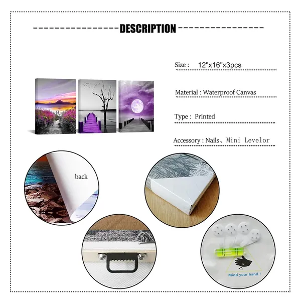 Multicolor_3_Piece_Wall_Art_Black_and_White_Ocean_Bridge_Canvas_Picture_Purple_Moon_Landscape_Poster_Photo_Painting_Nature_Artwork_Home_Living_Room_Bathroom_Artwork_Decor_Gallery_Wrapped