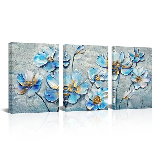 Multicolor_Blue_and_Gold_Flower_Wall_Art_3_Panels_Blooming_Magnolia_Floral_Painting_Canvas_Print_Elegant_Picture_|_For_Living_Room_Bedroom_Wall_Decoration_Ready_to_Hang